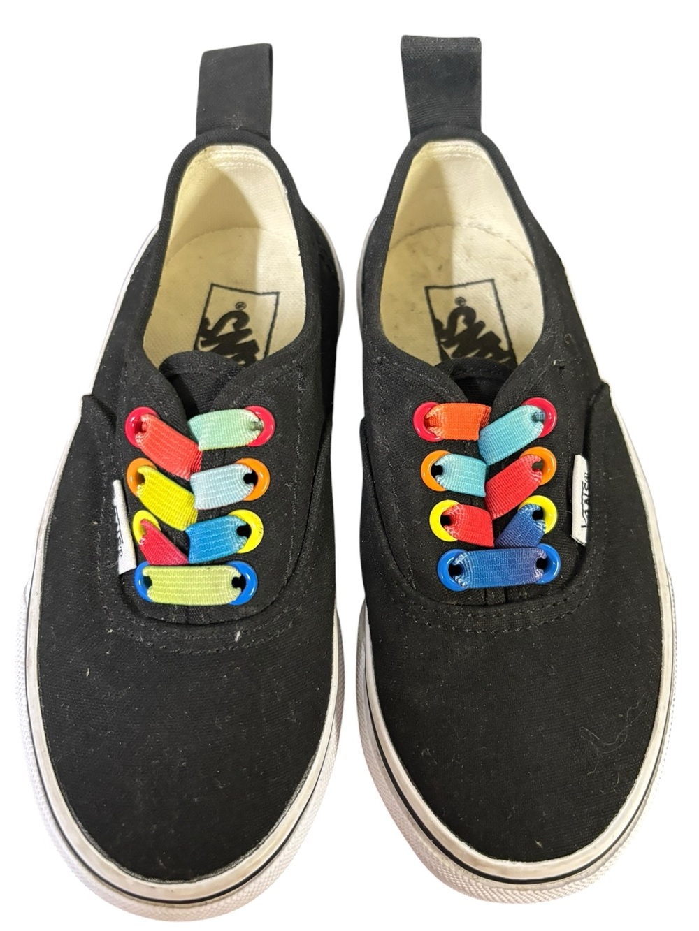 Vans Kids Classic Black Canvas Slip-On Sneakers Rainbow Elastic Laces Size 10.5‎
